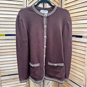 St. John Brown Knit Cardigan with White Details